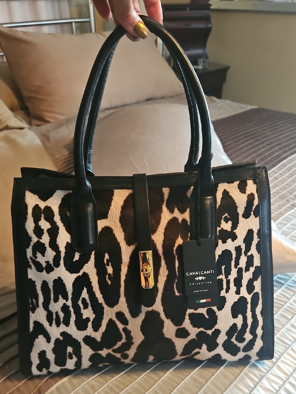 NEW Cavalcanti Black & White Leopard Print Tote MADE IN ITALY